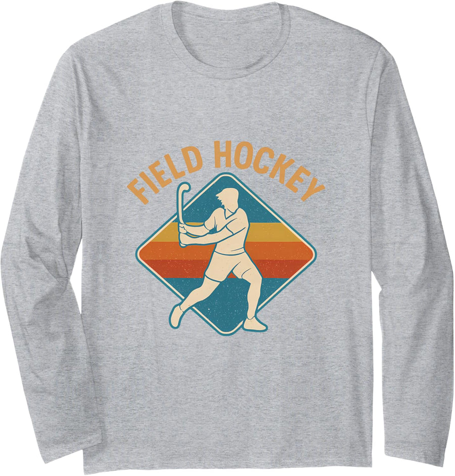 Field Hockey Retro Sport Vintage Style Long Sleeve T-Shirt - Adult Unisex Heather Grey