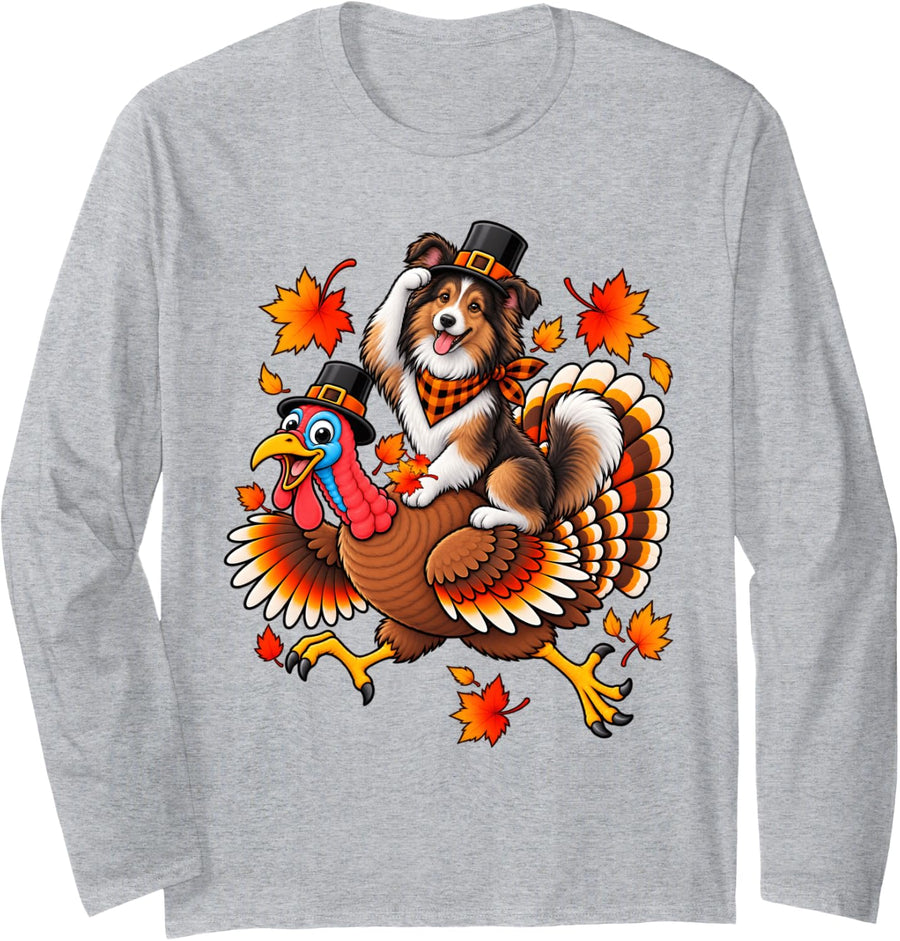 Pilgrim Shetland Sheepdog Dog Riding Turkey Thanksgiving Long Sleeve T-Shirt - Adult Unisex Heather Grey