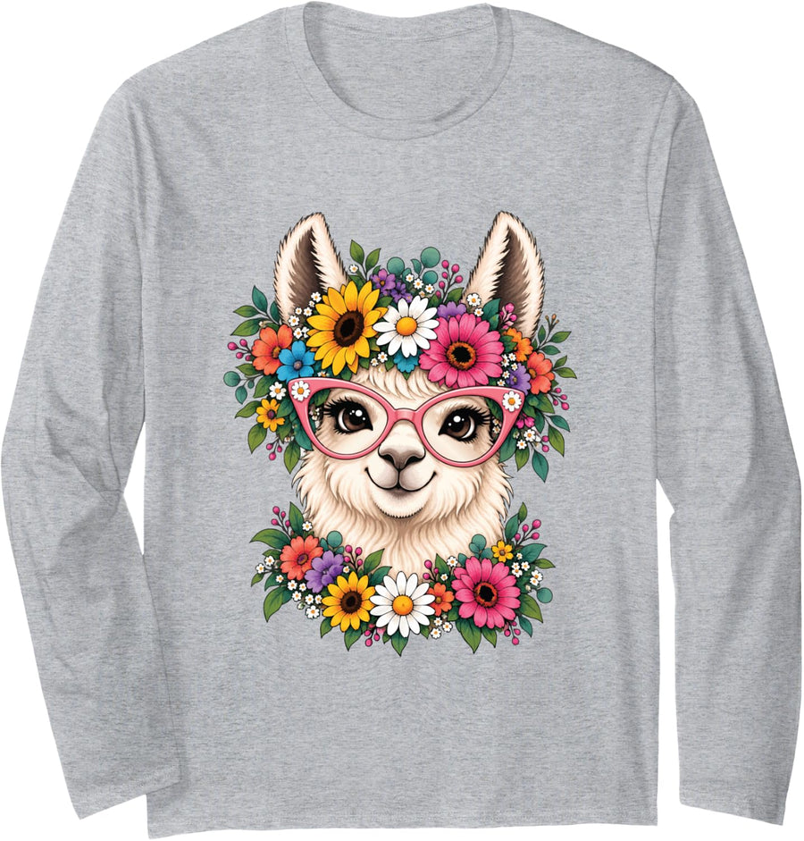 Cute Llama Floral Flowers Women Girls Kids Long Sleeve T-Shirt - Adult Unisex Heather Grey