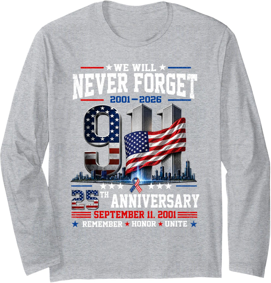25th Anniversary September 11 2001 Memorial Day USA Flag Long Sleeve T-Shirt - Adult Unisex Heather Grey