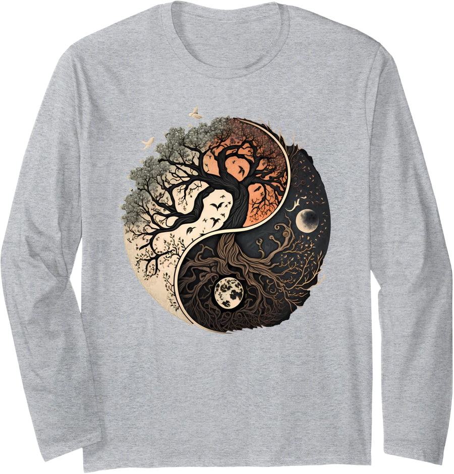 Tree of Life Yin Yang Long Sleeve T-Shirt - Adult Unisex Heather Grey