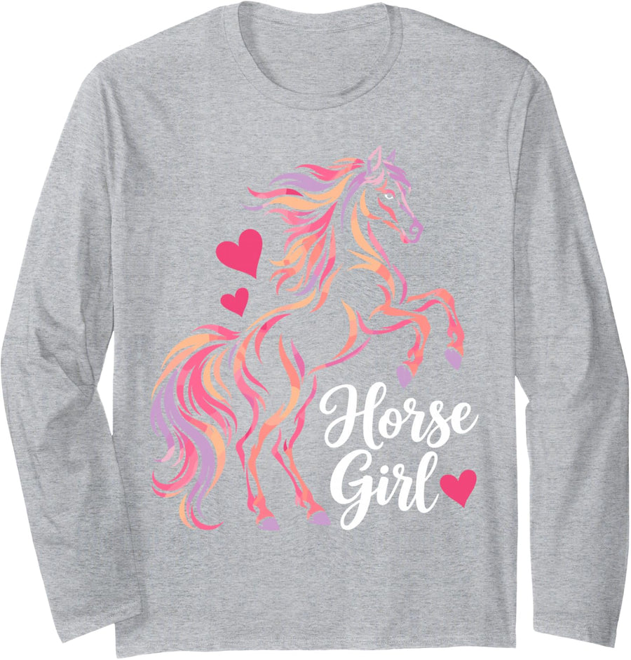 Horse Girl Colorful Equestrian Pony Heart Long Sleeve T-Shirt - Adult Unisex Heather Grey