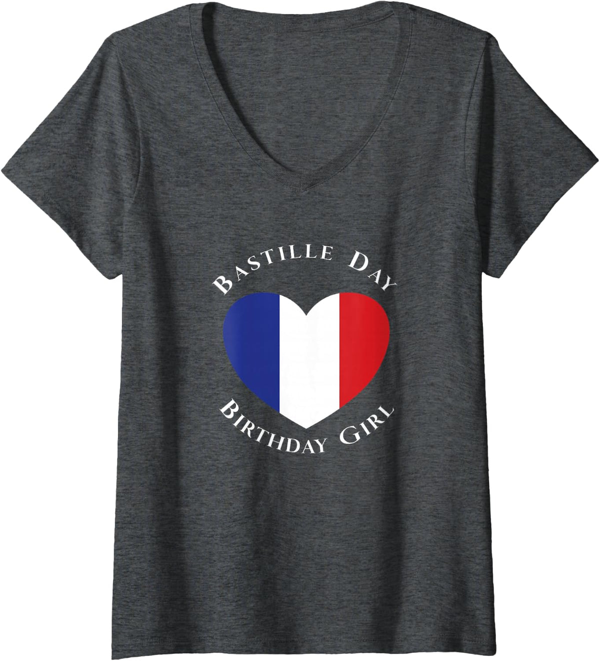 Women's Bastille Day Birthday Girl July 14th French Flag Heart V-Neck T-Shirt - Dark Heather Grey