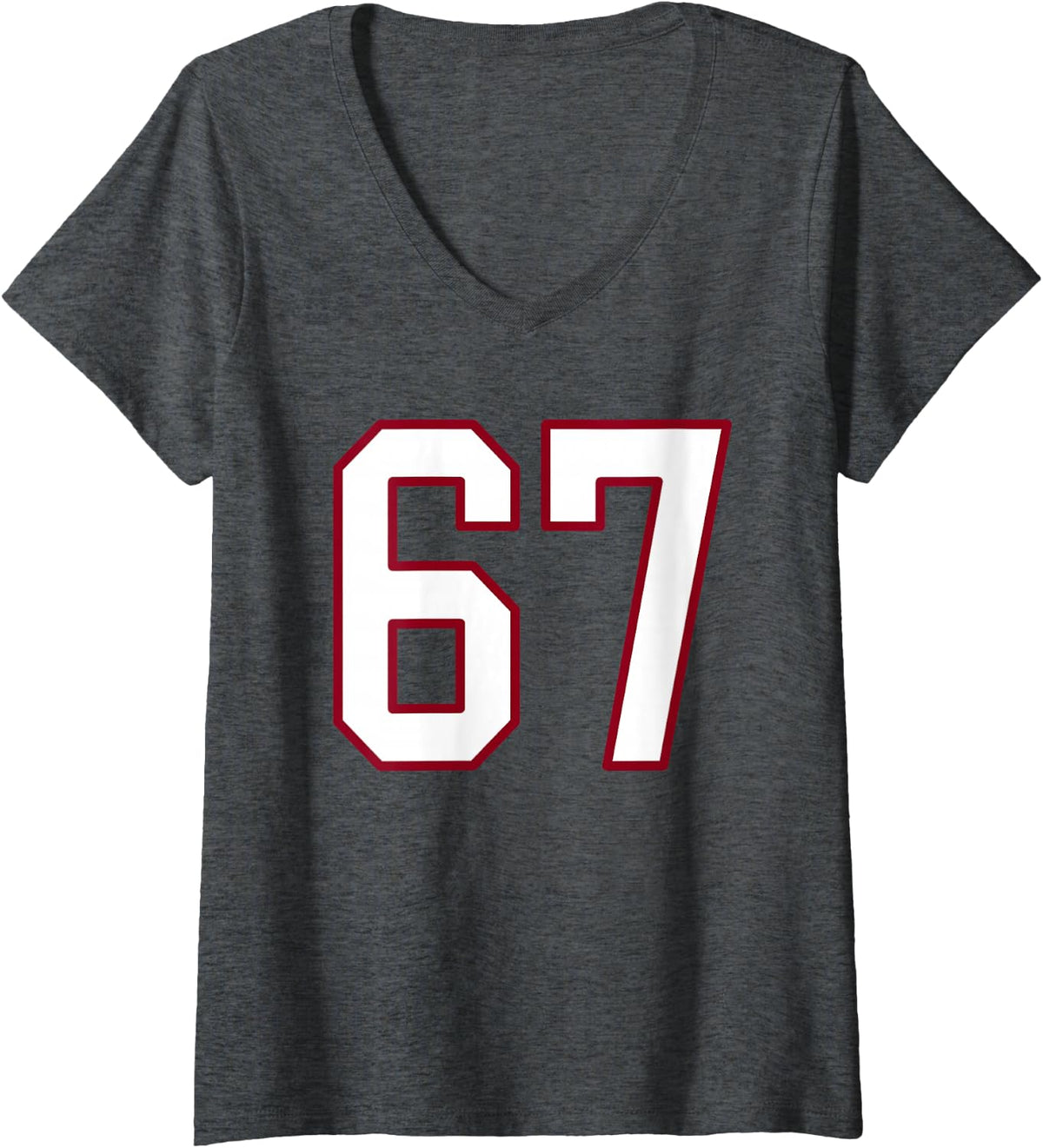 Women's Maroon and White Number 67 Jersey Player Uniform #67 V-Neck T-Shirt - Dark Heather Grey
