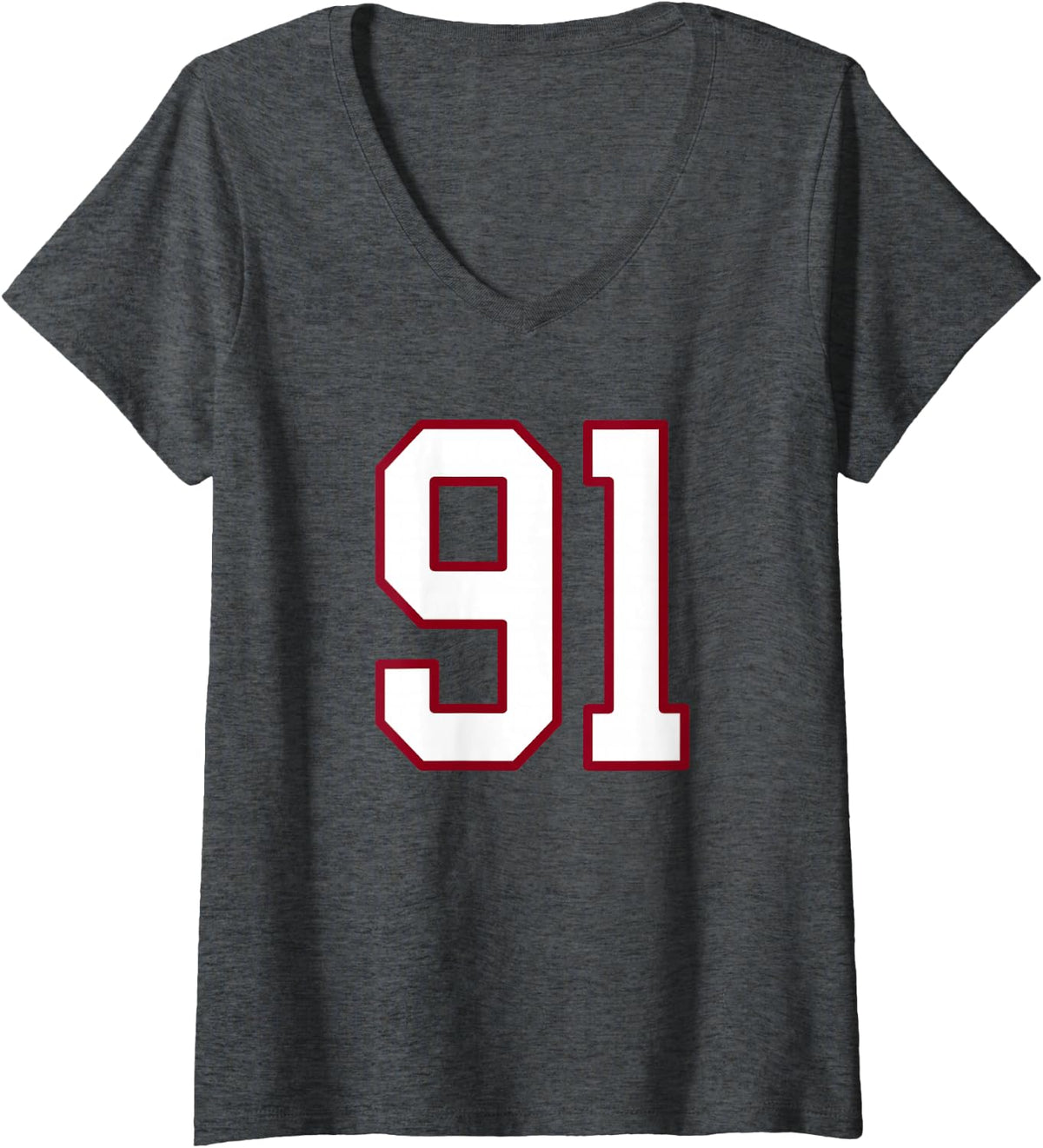 Women's Maroon and White Number 91 Jersey Player Uniform #91 V-Neck T-Shirt - Dark Heather Grey