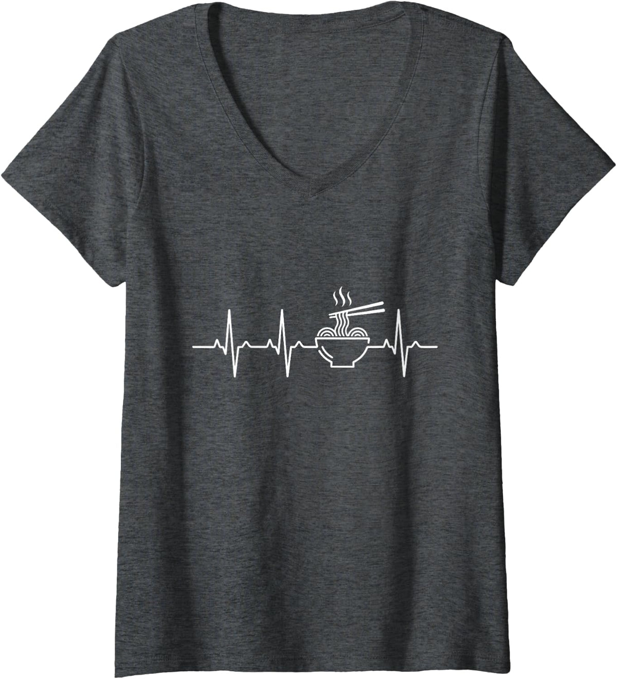 Women's Ramen Heartbeat EKG Japanese Noodle Lover Line Art V-Neck T-Shirt - Dark Heather Grey