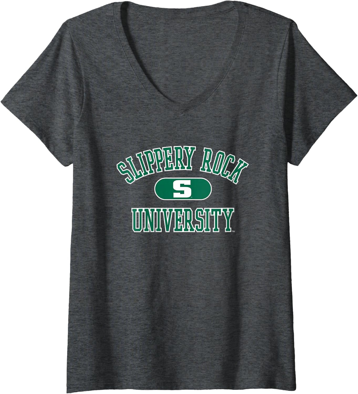 Womens Slippery Rock The Rock Varsity Logo Officially Licensed V-Neck T-Shirt - Dark Heather Grey