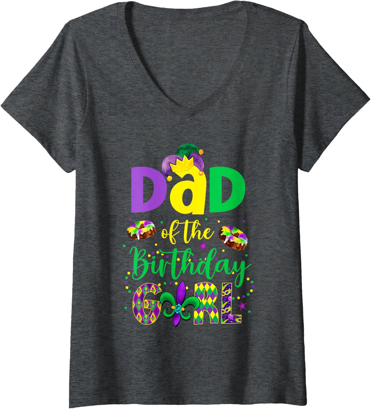 Women's Dad of the Birthday Girl Shirt Mardi Gras Daddy Papa V-Neck T-Shirt - Dark Heather Grey