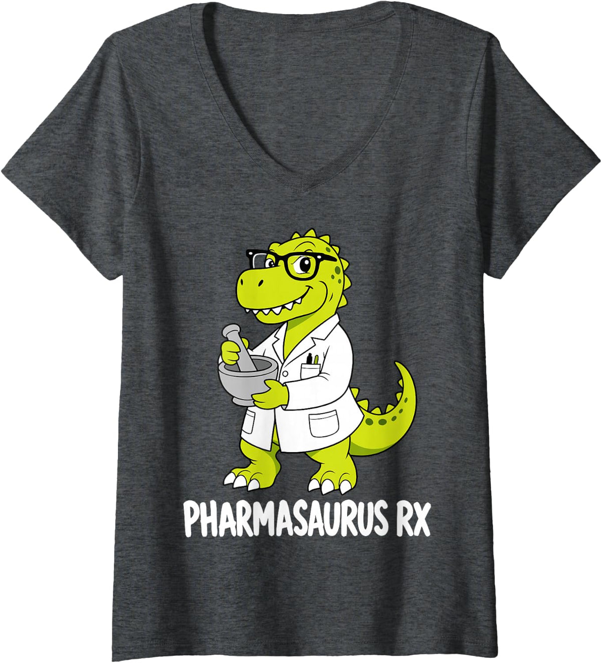 Women's Funny Pharmacy Technician Rx Tech T-Rex Pharmacy V-Neck T-Shirt - Dark Heather Grey