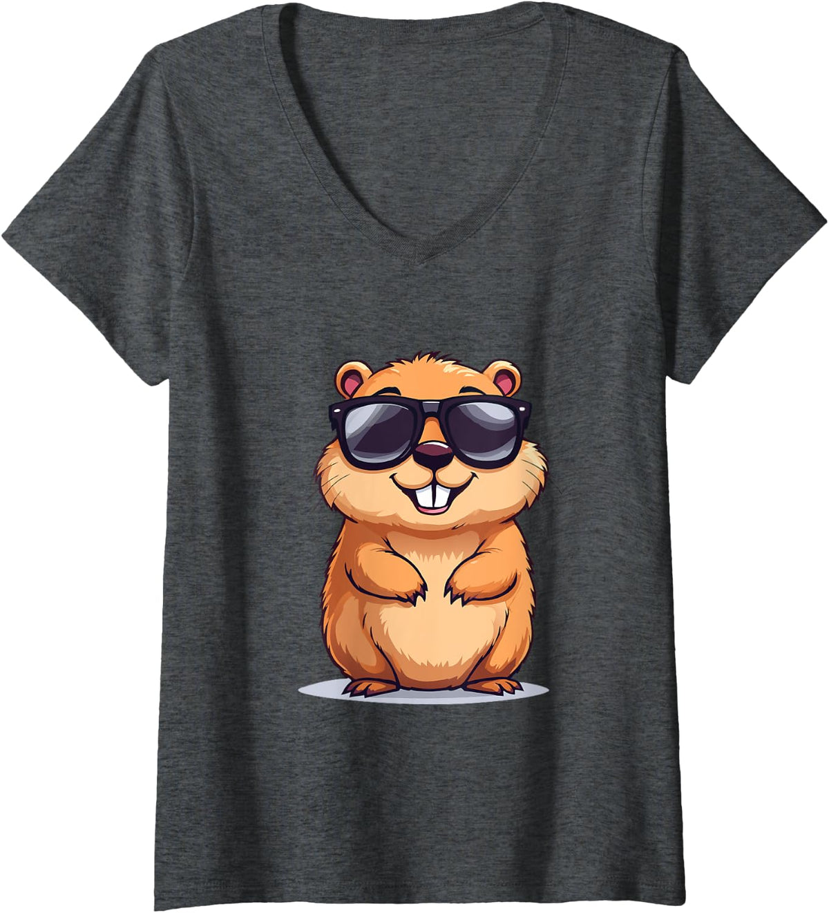 Womens Happy Groundhog Day Ground Hog With Hat Animal Lover Tee V-Neck T-Shirt - Dark Heather Grey