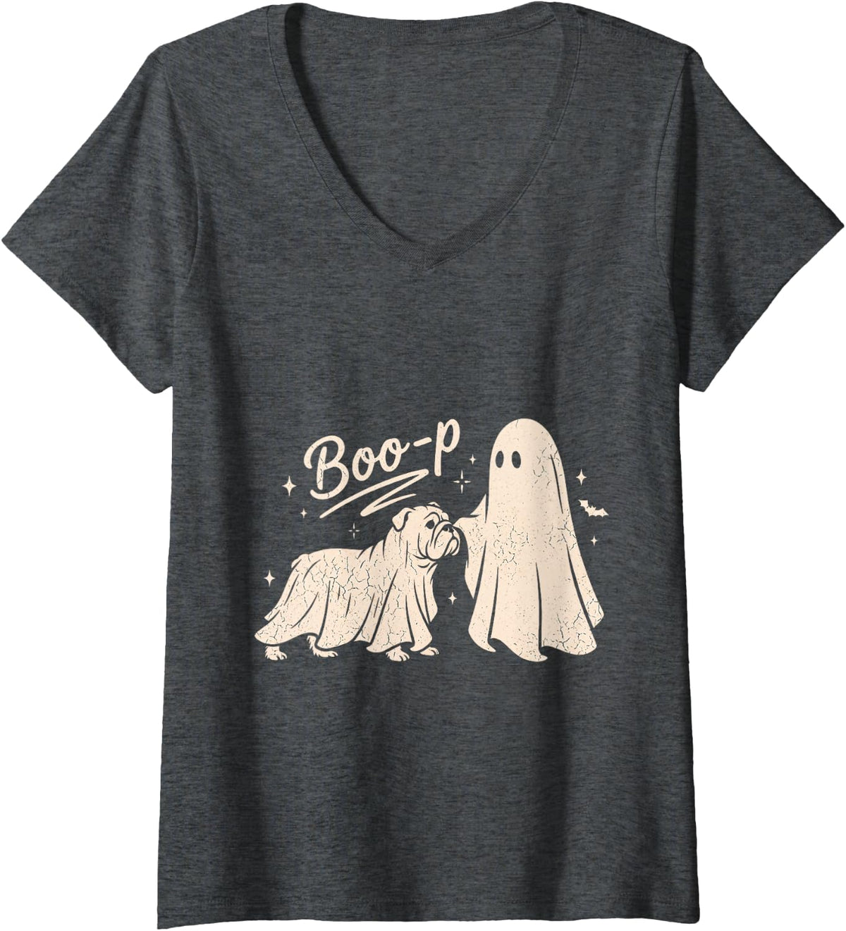 Women's Funny Spooky Season Bulldog Halloween Boo-P Ghost Dog V-Neck T-Shirt - Dark Heather Grey
