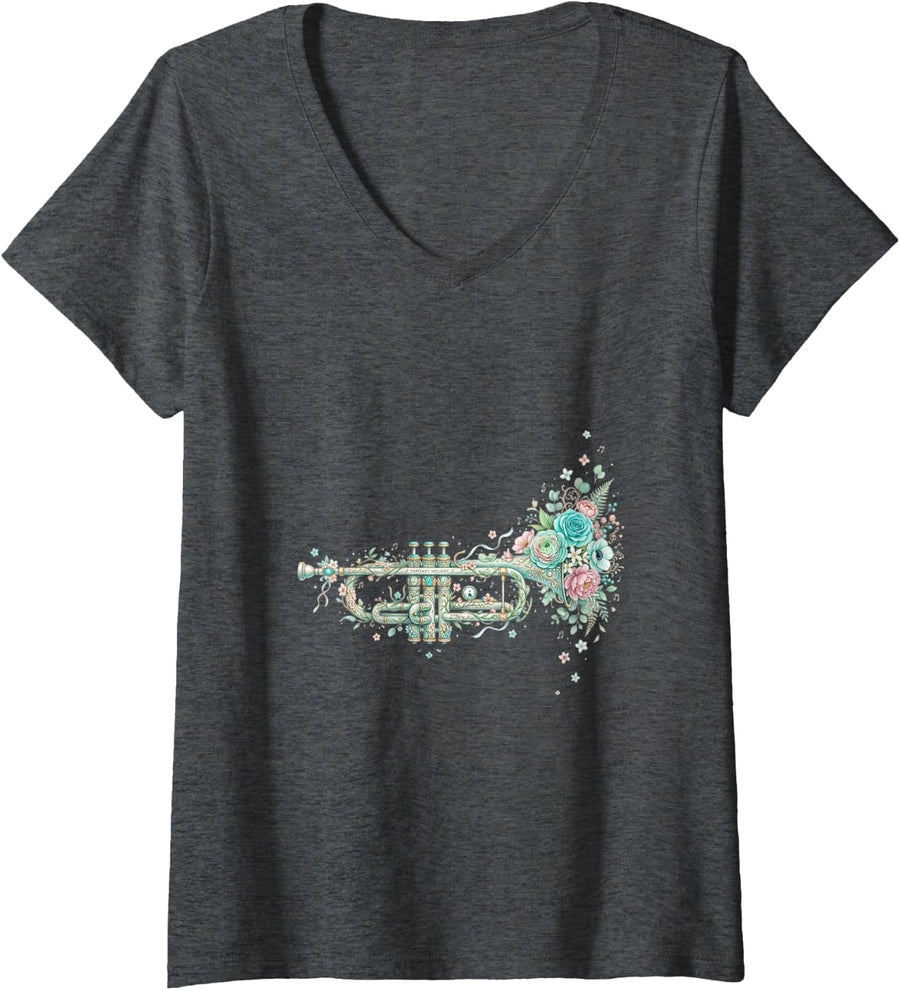 Women's Vintage Floral Trumpet Brass Music Aesthetic V-Neck T-Shirt - Dark Heather Grey
