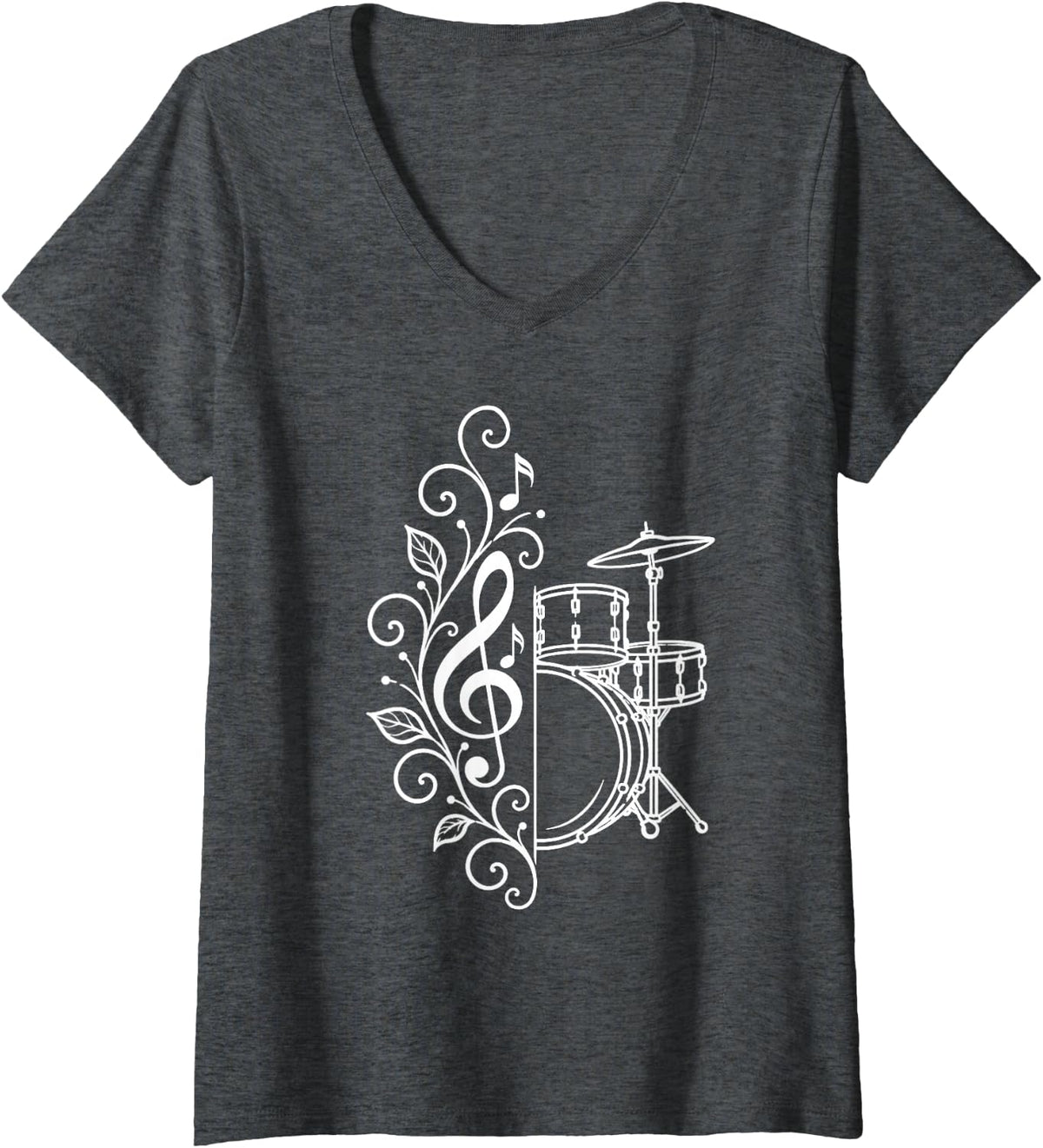 Women's Drummer Floral Drum Set White Clef Percussionist Musician V-Neck T-Shirt - Dark Heather Grey