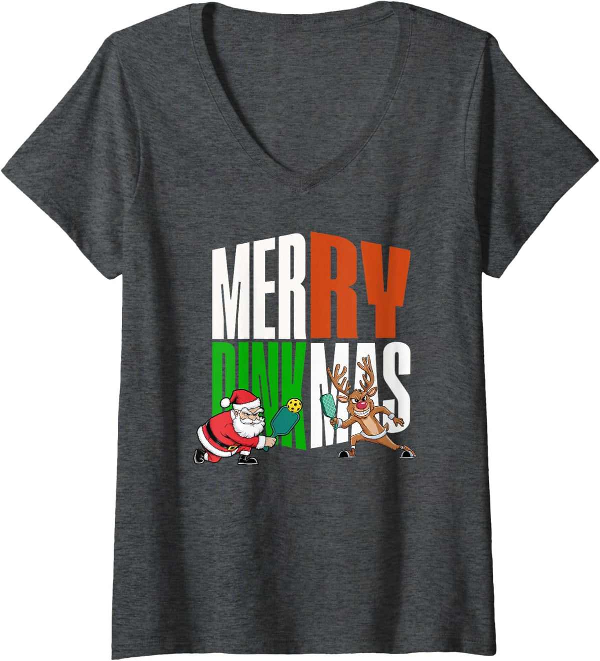 Women's Merry Dinkmas Christmas Pickleball Santa & Reindeer Funny V-Neck T-Shirt - Dark Heather Grey