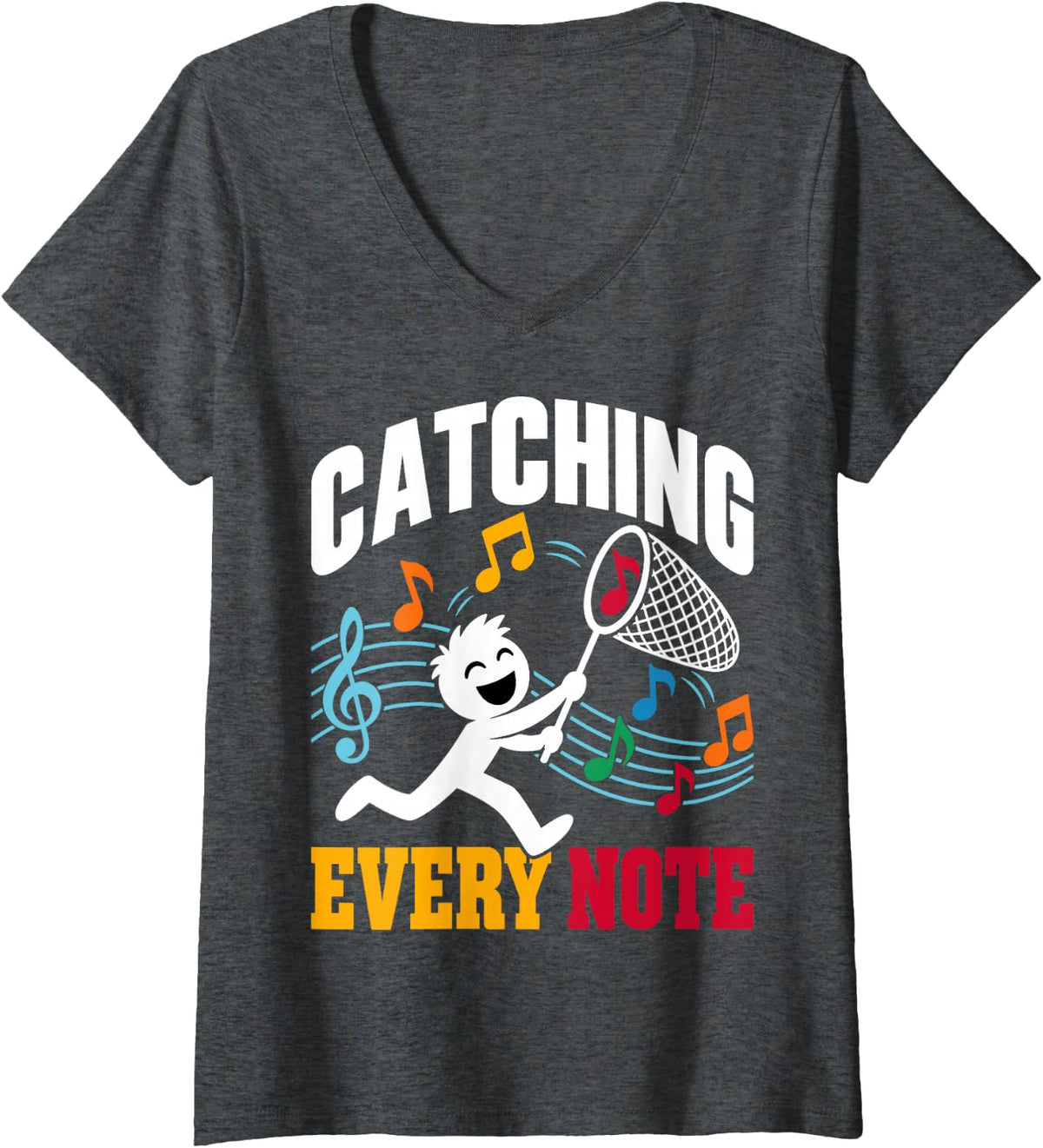 Women's Catching Every Note Music Lover Musician Musical Notes V-Neck T-Shirt - Dark Heather Grey