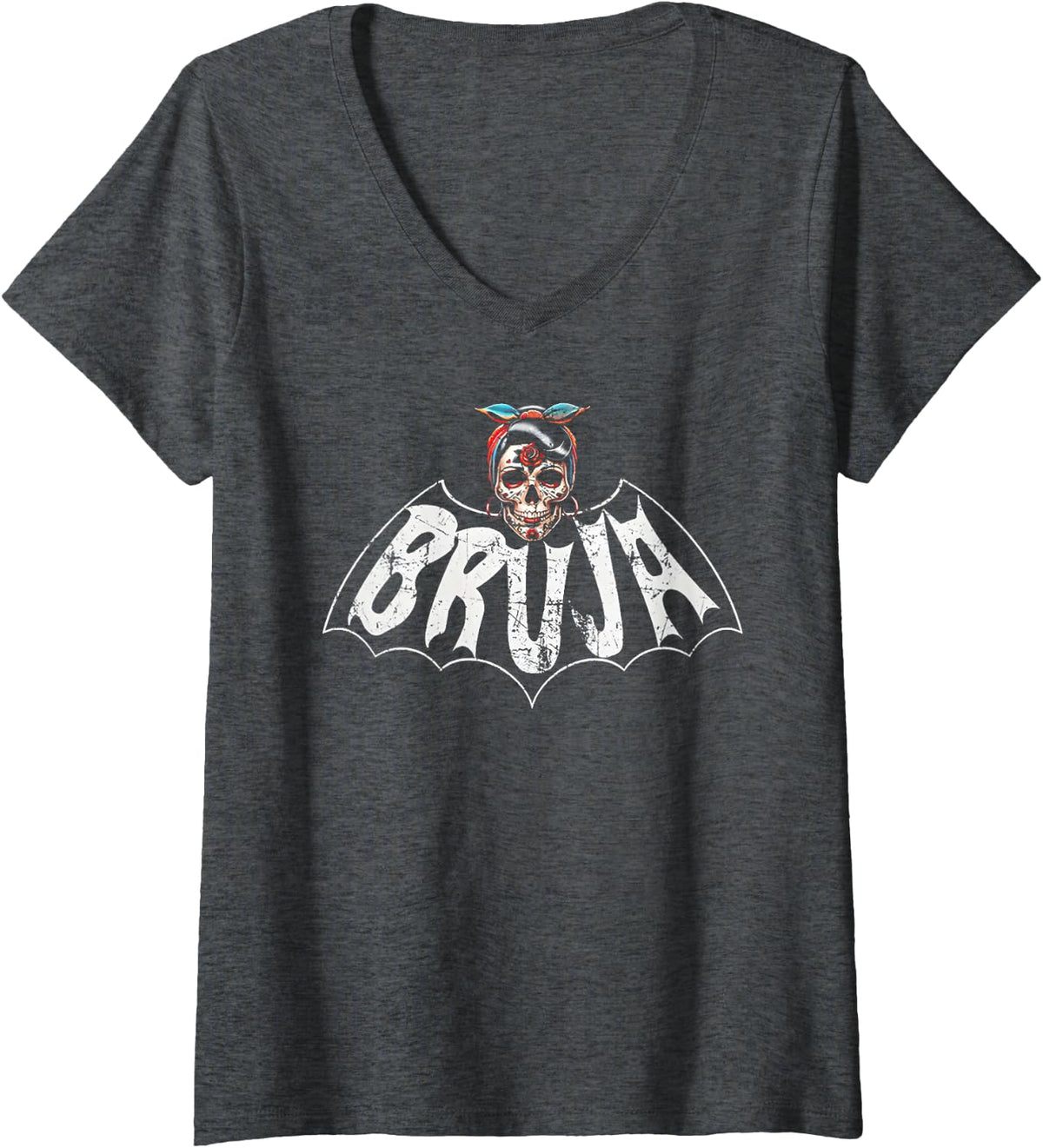 Womens Bruja Vintage Bat V-Neck T-Shirt - Dark Heather Grey