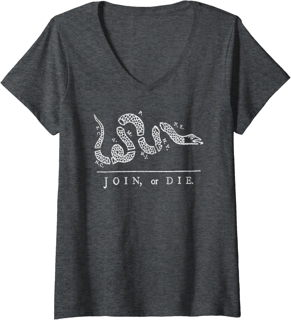 Womens JOIN OR DIE SNAKE FRANKLIN INDEPENDENCE GADSDEN 1776 FLAG V-Neck T-Shirt - Dark Heather Grey