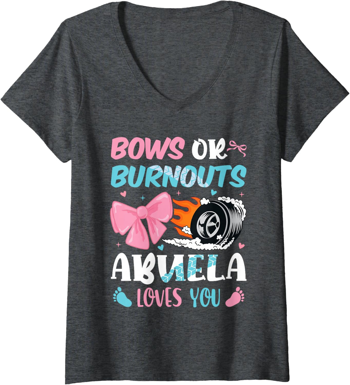 Women's Baby Gender Reveal Grandma Burnouts Or Bows Abuela Loves You V-Neck T-Shirt - Dark Heather Grey
