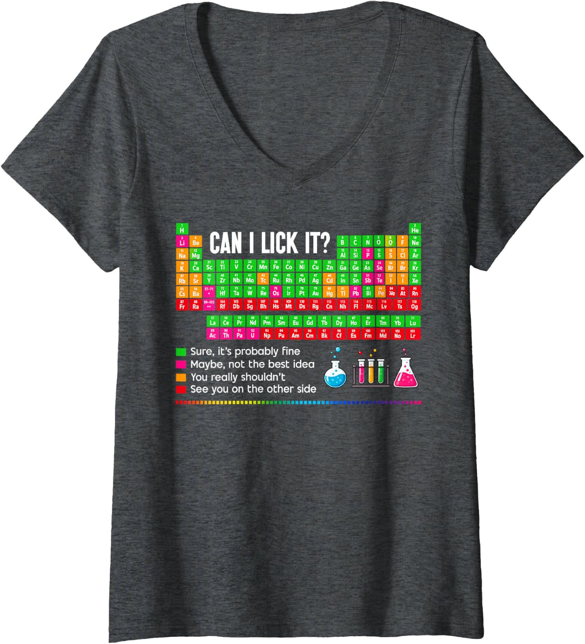 Women's Can I Lick It Funny Chemistry Periodic Table Science Humor V-Neck T-Shirt - Dark Heather Grey