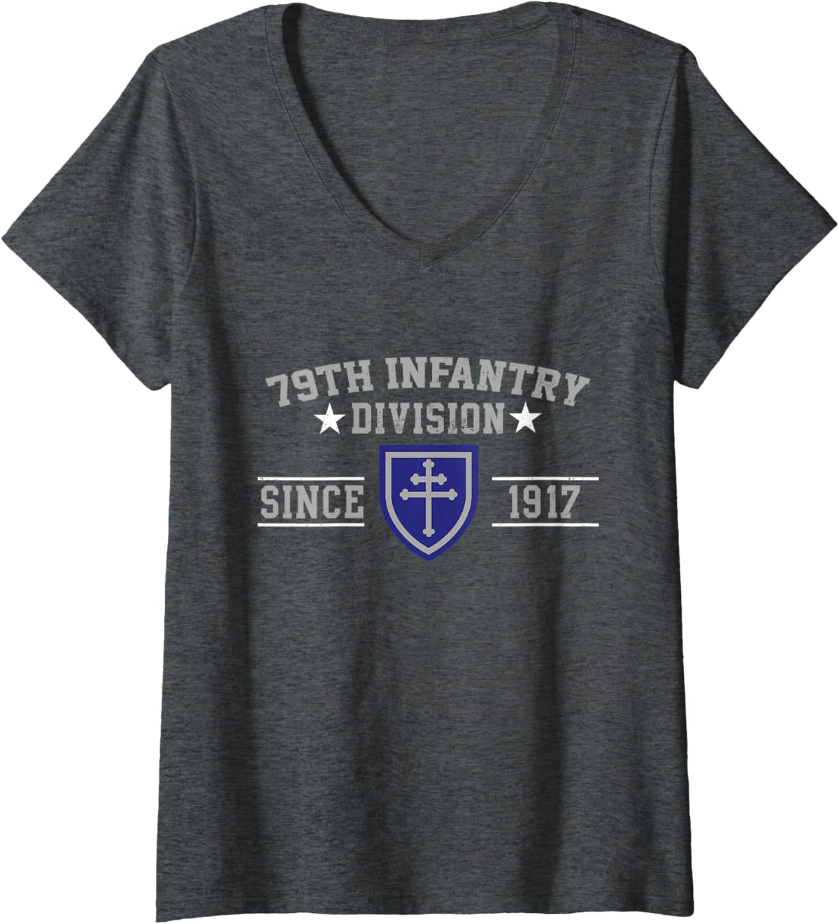 Women's 79th Infantry Division Veteran Military Father Day Christmas V-Neck T-Shirt - Dark Heather Grey