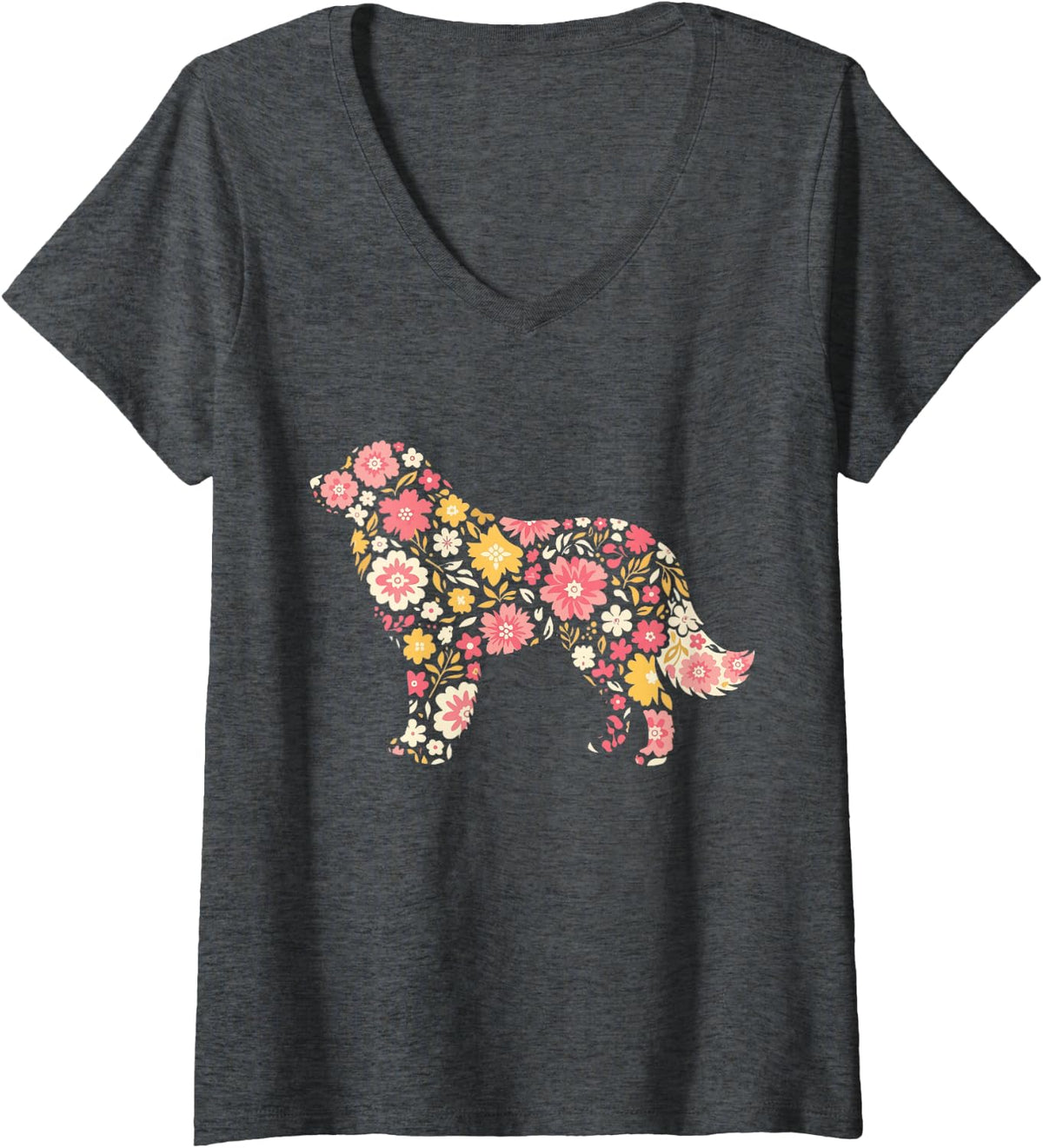 Women's Great Pyrenees Floral V-Neck T-Shirt - Dark Heather Grey