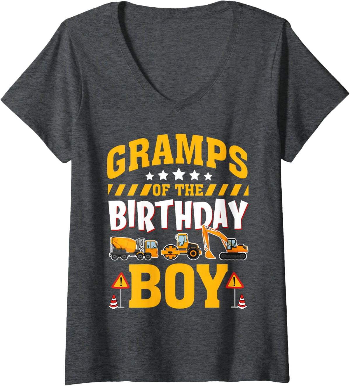 Women's Gramps of the Birthday Boy Construction Truck V-Neck T-Shirt - Dark Heather Grey