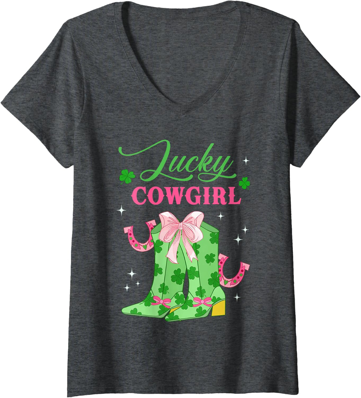 Women's Lucky Cowgirl St. Patty’s Day Cowgirl Boots Pink Coquette V-Neck T-Shirt - Dark Heather Grey