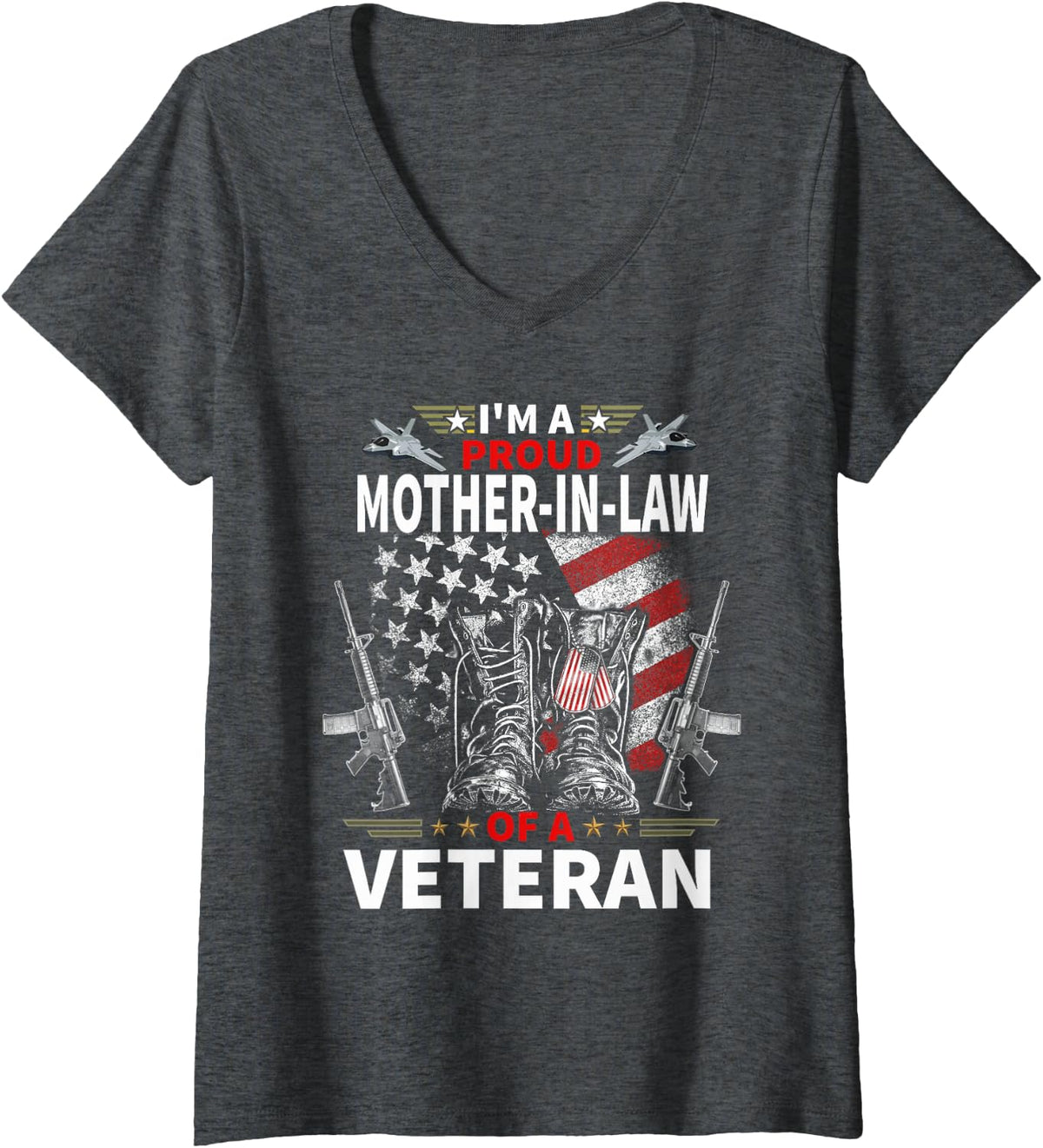 Women's I'm A Proud Mother-in-Law of A Veteran Veteran's Day Womens V-Neck T-Shirt - Dark Heather Grey