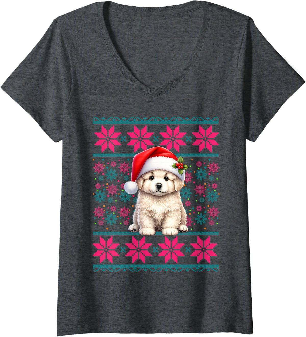 Women's Santa Ugly Christmas Pajama Women Girls Great Pyrenees Dog V-Neck T-Shirt - Dark Heather Grey
