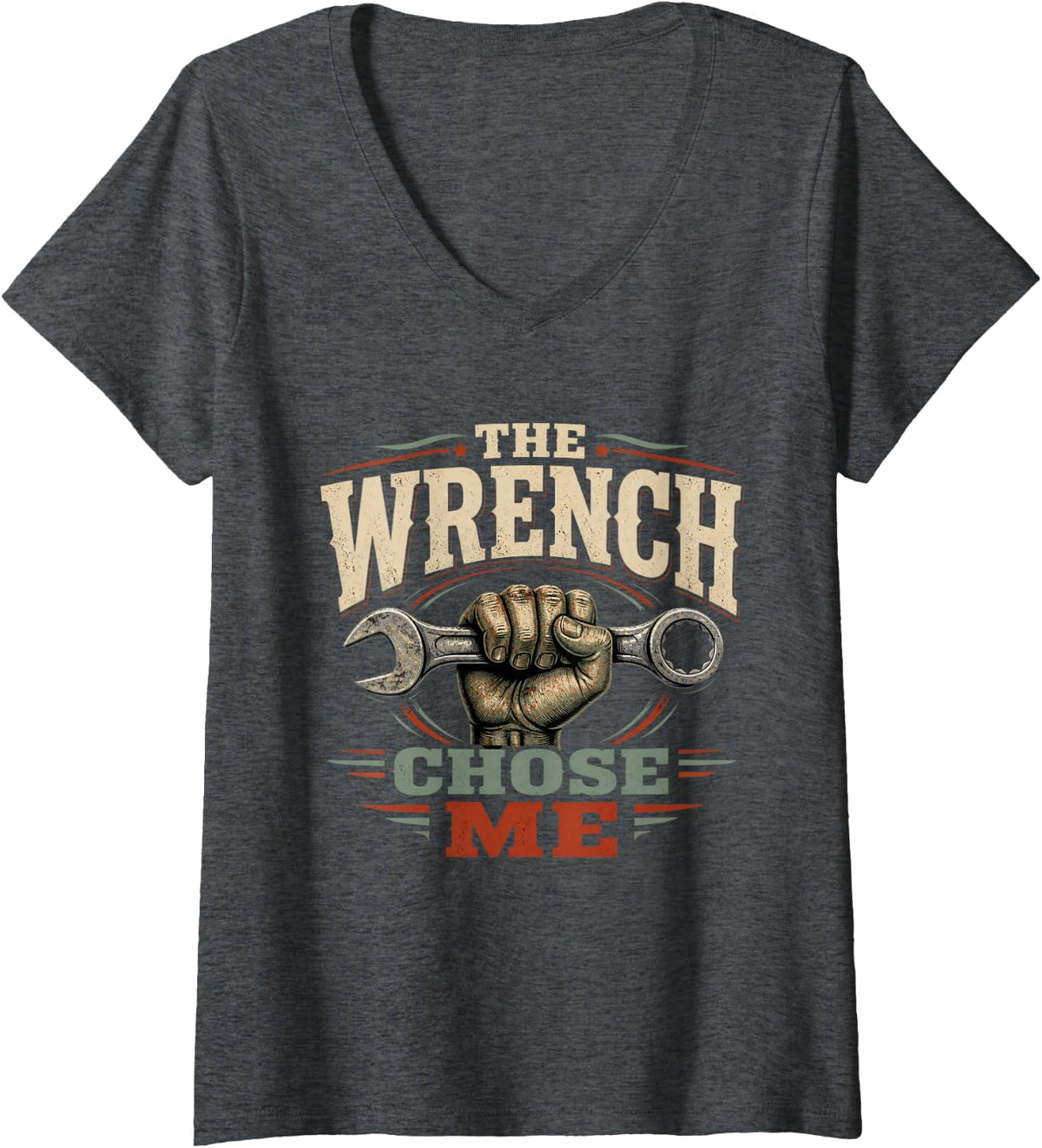Women's The Wrench Chose Me Heavy Equipment Mechanic V-Neck T-Shirt - Dark Heather Grey