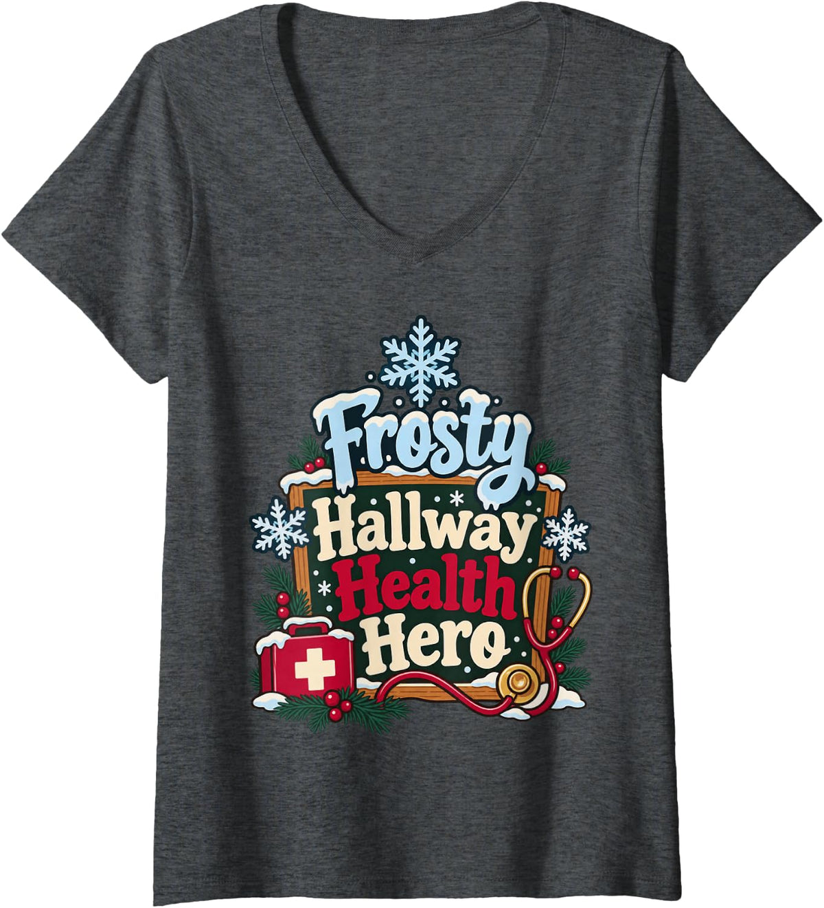 Women's School Nurse Winter Christmas Holiday Nursing Appreciation V-Neck T-Shirt - Dark Heather Grey