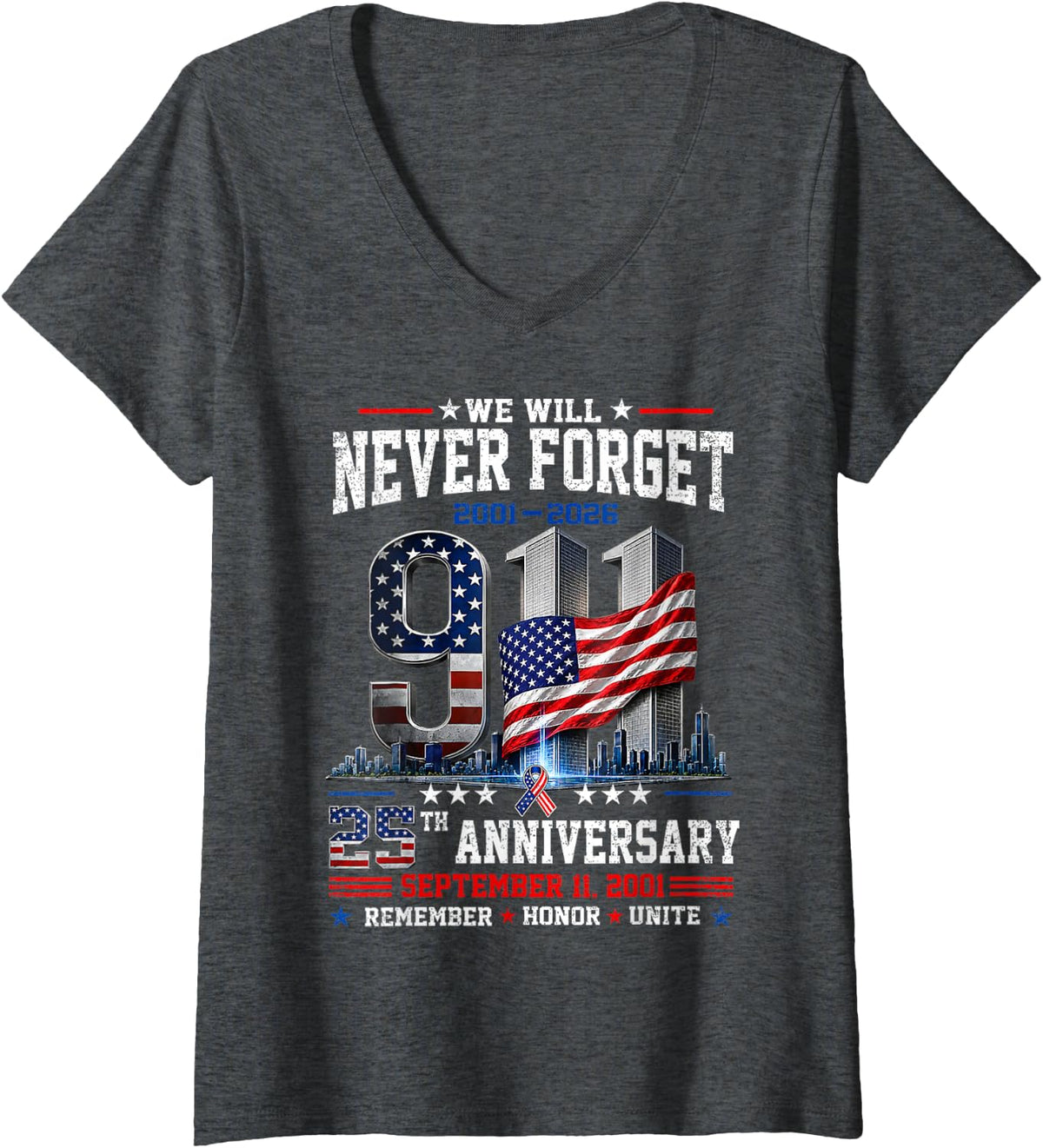 Women's 25th Anniversary September 11 2001 Memorial Day USA Flag V-Neck T-Shirt - Dark Heather Grey