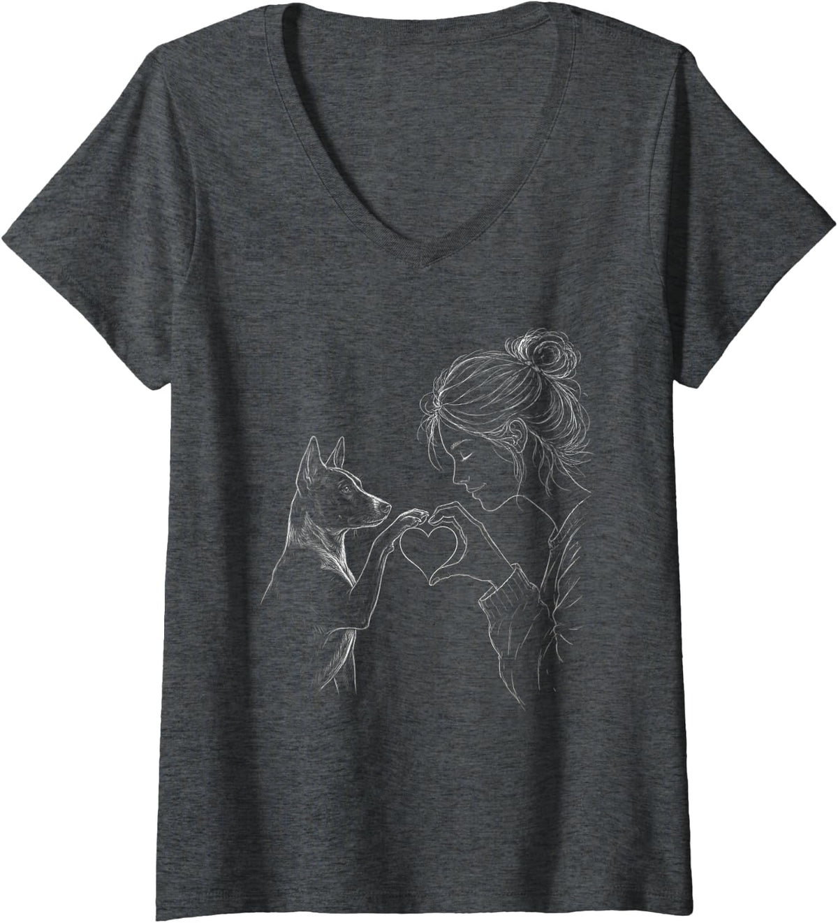 Women's Basenji Dog Mom Heart Sign Line Art Women V-Neck T-Shirt - Dark Heather Grey