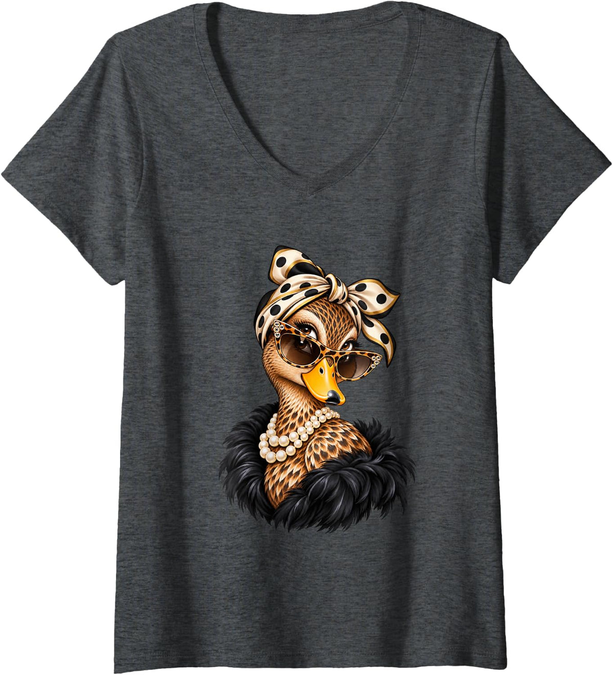 Women's Glam Mallard Duck Wearing Polka Dots Bandana Hunting V-Neck T-Shirt - Dark Heather Grey