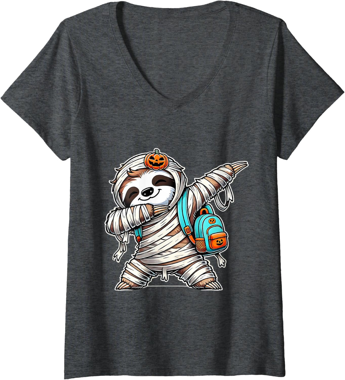 Women's Funny Dancing Sloth Dabbing Costumes Spooky Halloween Mummy V-Neck T-Shirt - Dark Heather Grey