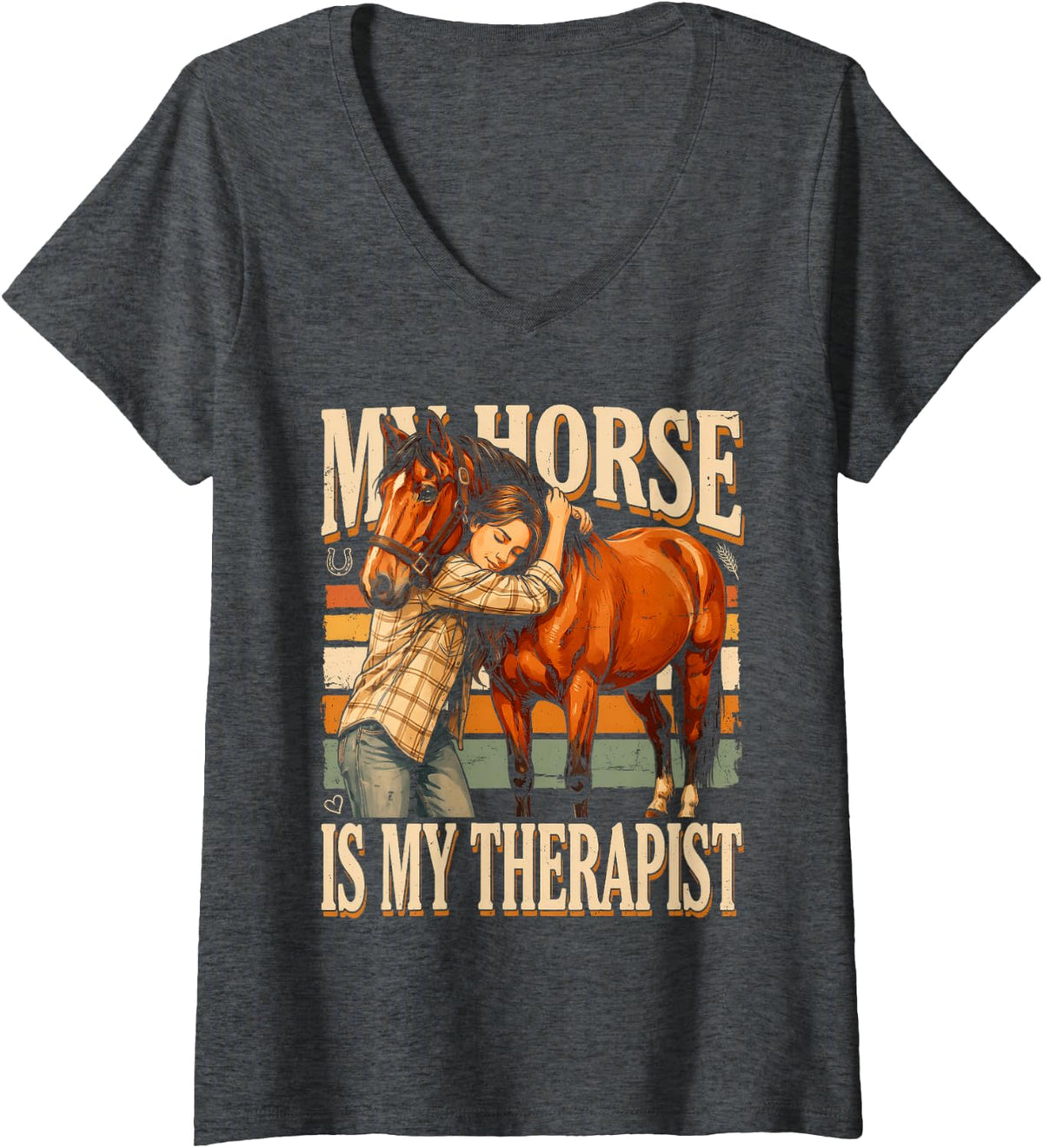 Women's My Horse is My Therapist Equestrian Riding V-Neck T-Shirt - Dark Heather Grey
