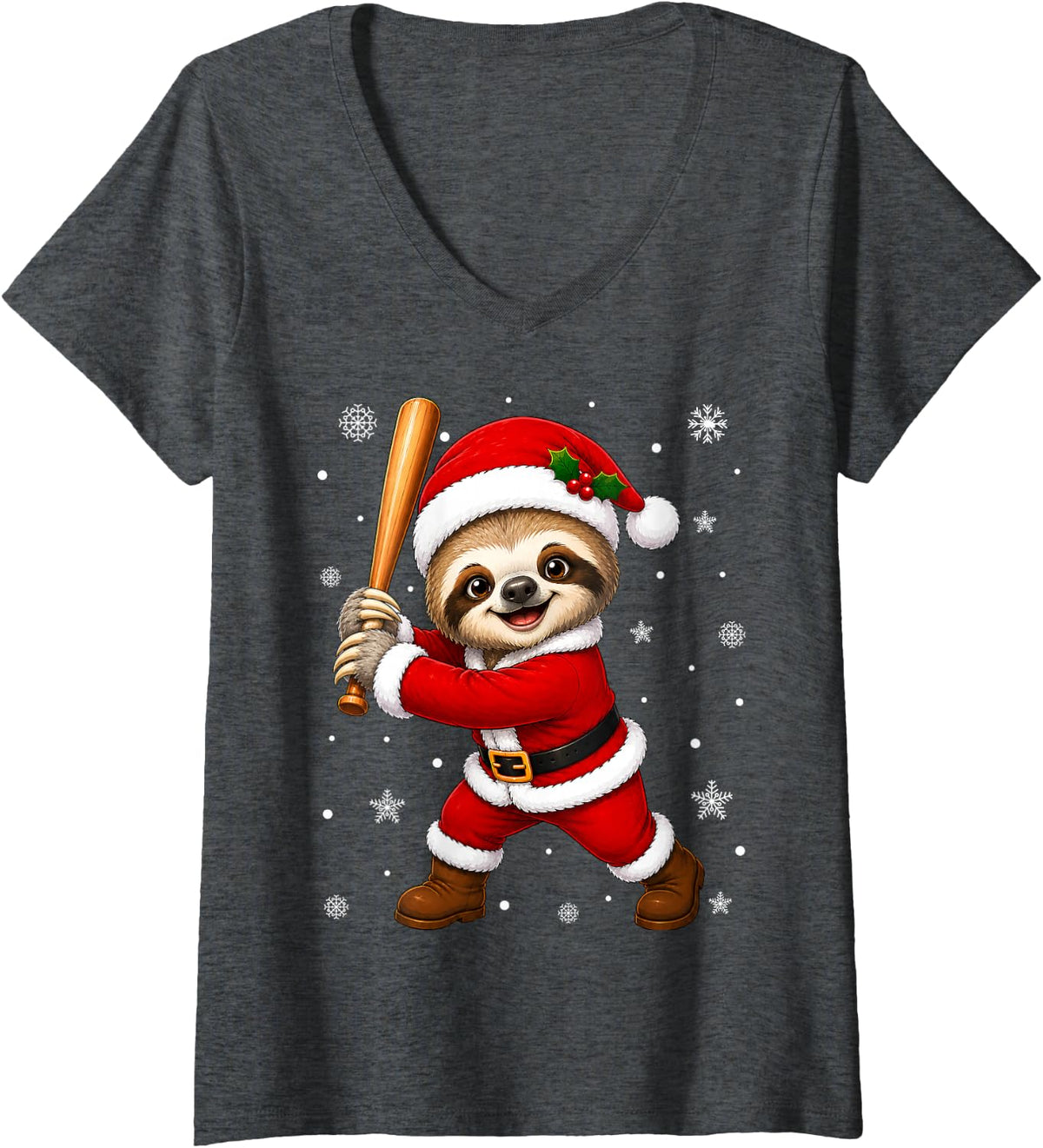 Women's Cute Festive Baseball Christmas Sloth V-Neck T-Shirt - Dark Heather Grey