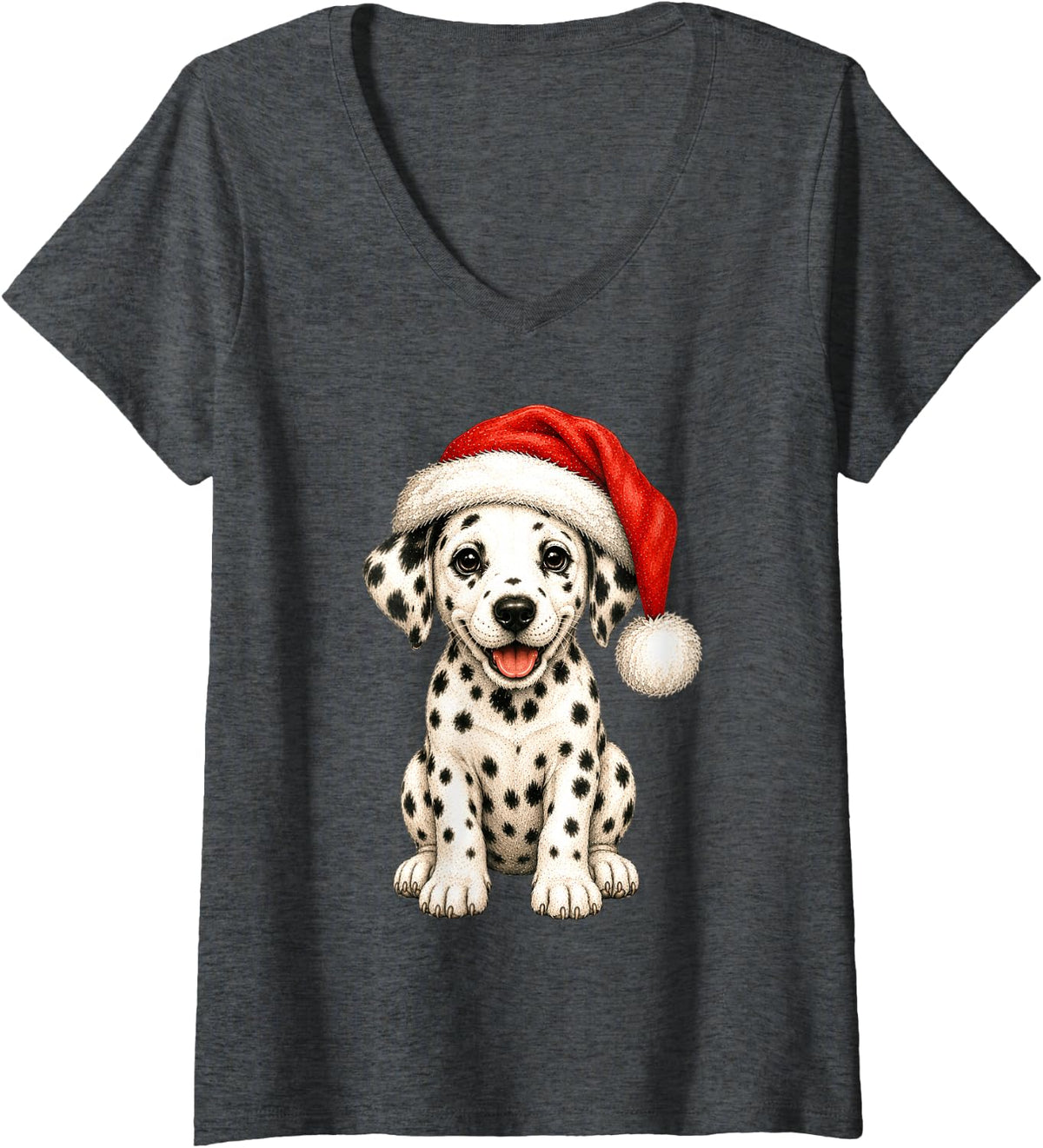 Women's Cute Dalmatian Puppy Santa Hat Christmas Dog V-Neck T-Shirt - Dark Heather Grey