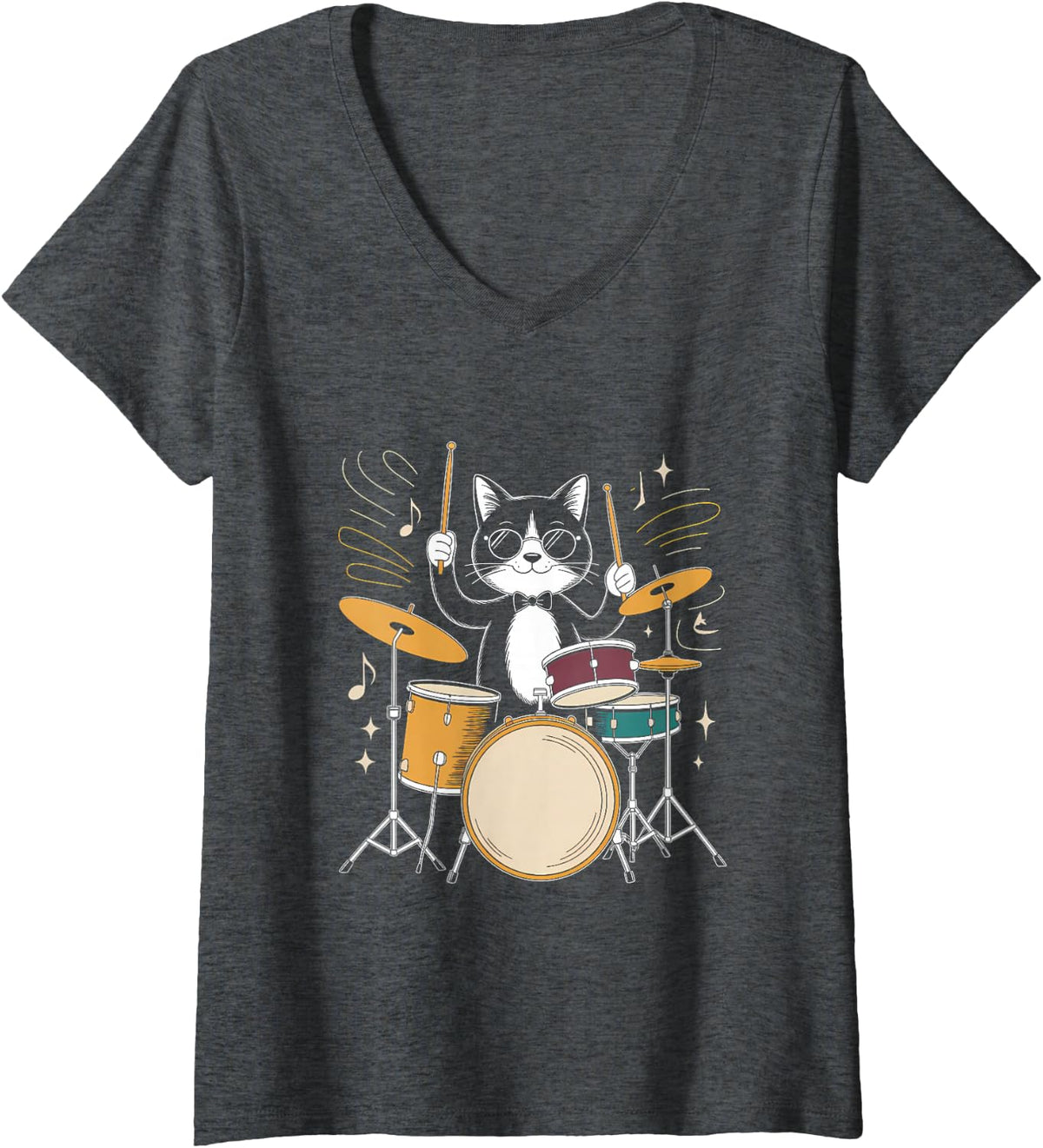 Women's Sunglasses Cat Drummer Jazz Percussion Music V-Neck T-Shirt - Dark Heather Grey