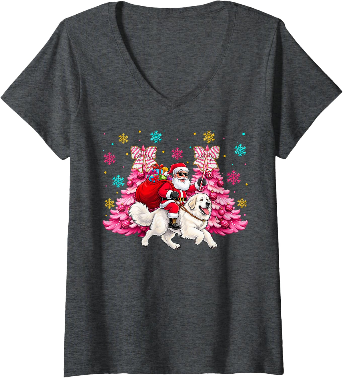 Women's Christmas Great Pyrenees Owners Kids Boys Girls Dog Xmas V-Neck T-Shirt - Dark Heather Grey