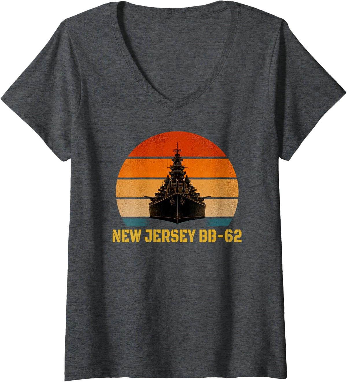Women's Sunset & Battleship USS New Jersey BB-62 Veterans Day Sailor V-Neck T-Shirt - Dark Heather Grey