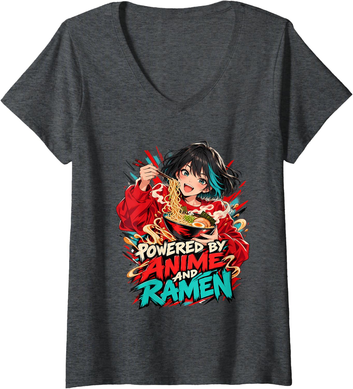 Women's Powered By Anime and Ramen Japanese Noodle Lover V-Neck T-Shirt - Dark Heather Grey