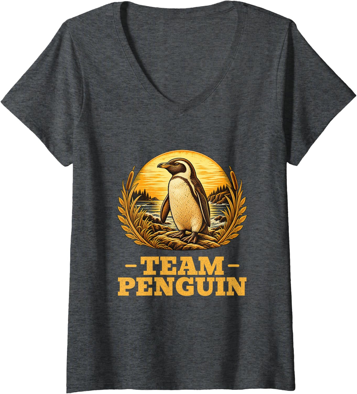 Women's Team Penguin Vintage Bird Retro Animal Lover V-Neck T-Shirt - Dark Heather Grey