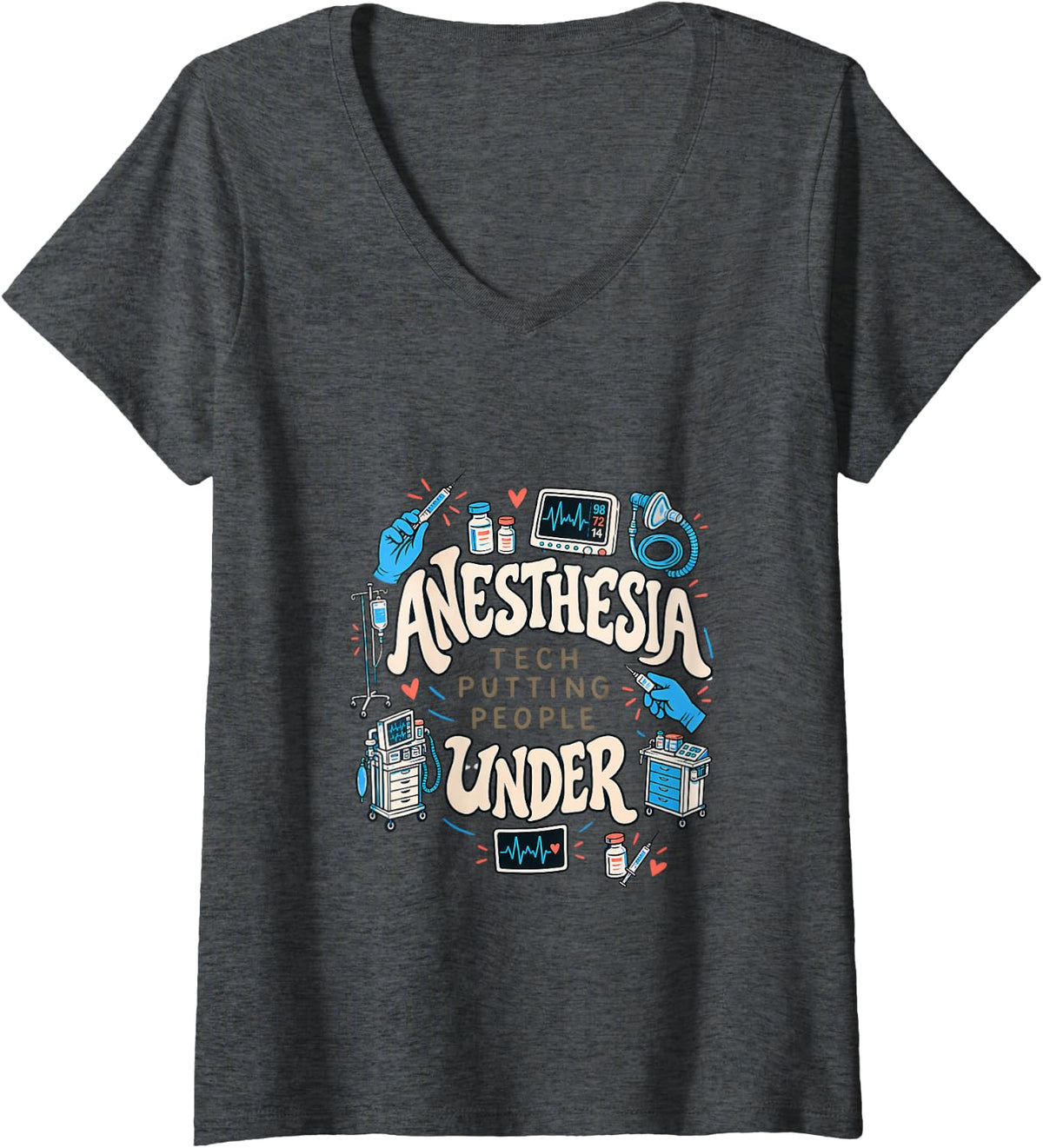 Women's Anesthesia Tech Putting People Under Funny V-Neck T-Shirt - Dark Heather Grey
