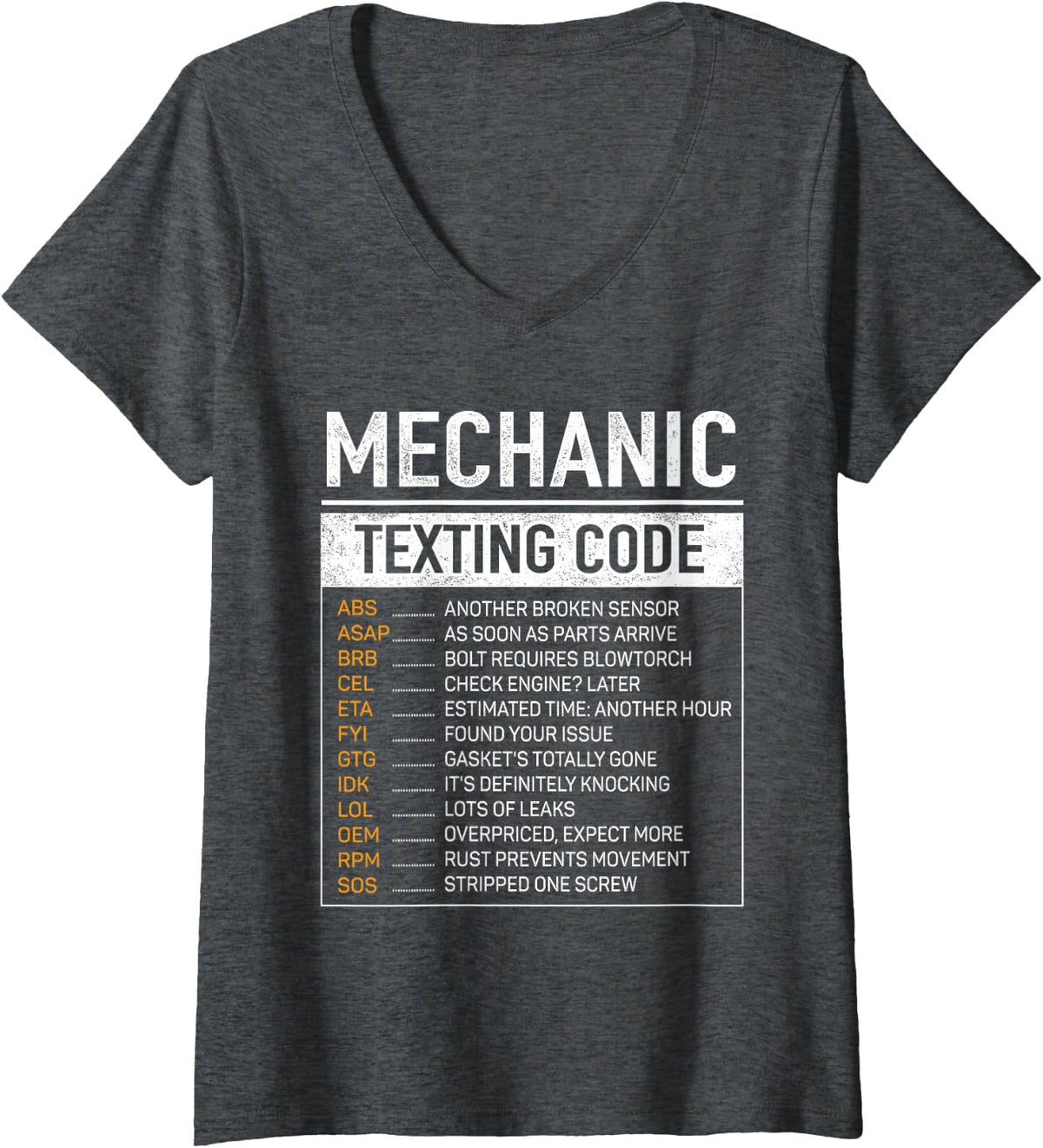 Women's Mechanic Texting Code Funny Auto Repair Garage Gag Humor V-Neck T-Shirt - Dark Heather Grey