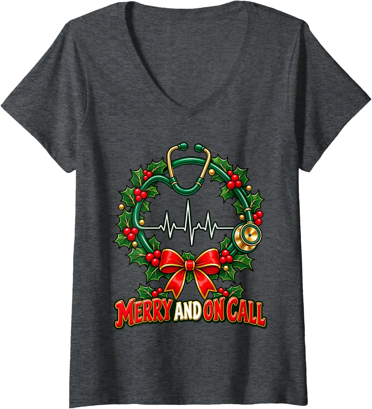 Women's Merry and On Call Christmas Nurse Stethoscope Wreath V-Neck T-Shirt - Dark Heather Grey
