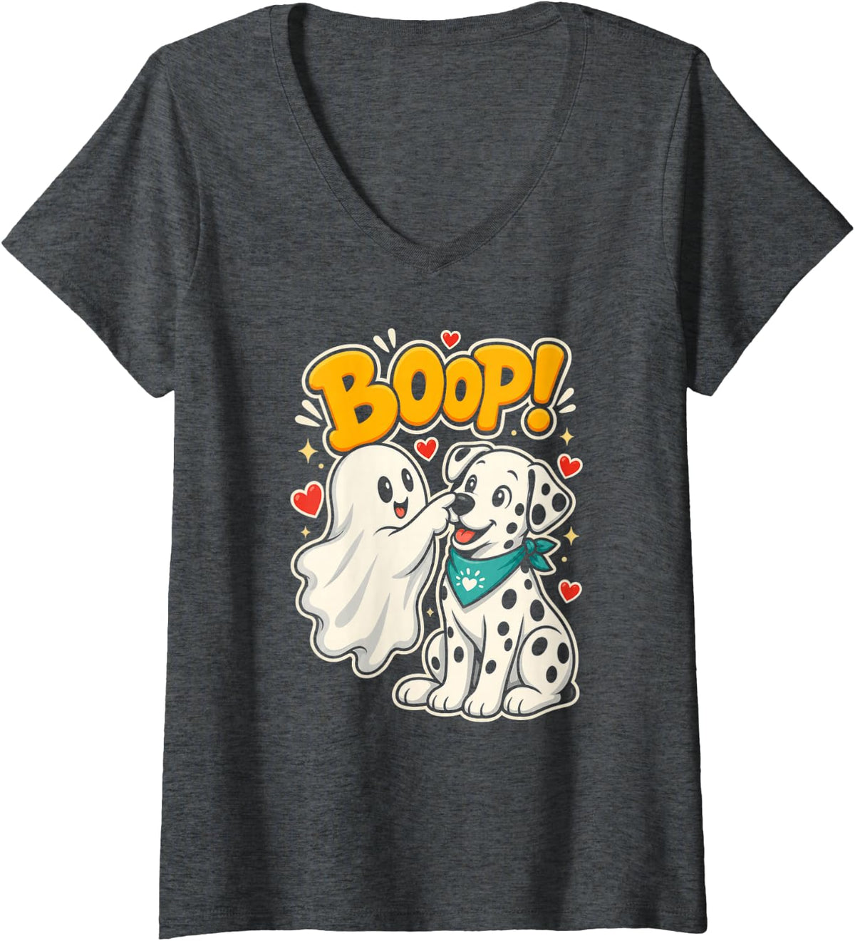 Women's Halloween Dalmatian Dog Lover Ghost Boop V-Neck T-Shirt - Dark Heather Grey