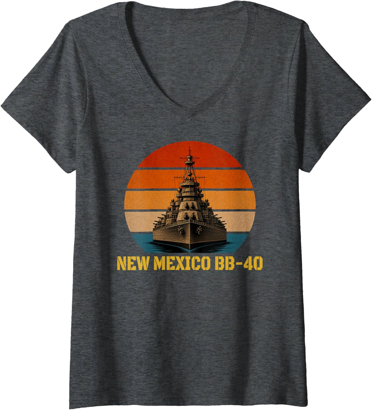 Women's Sunset & Battleship USS New Mexico BB-40 Veterans Day Sailor V-Neck T-Shirt - Dark Heather Grey