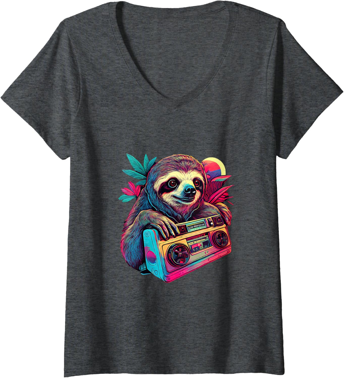 Women's Sloth Retro Vintage 80s Style Zoologist Animal Lover V-Neck T-Shirt - Dark Heather Grey
