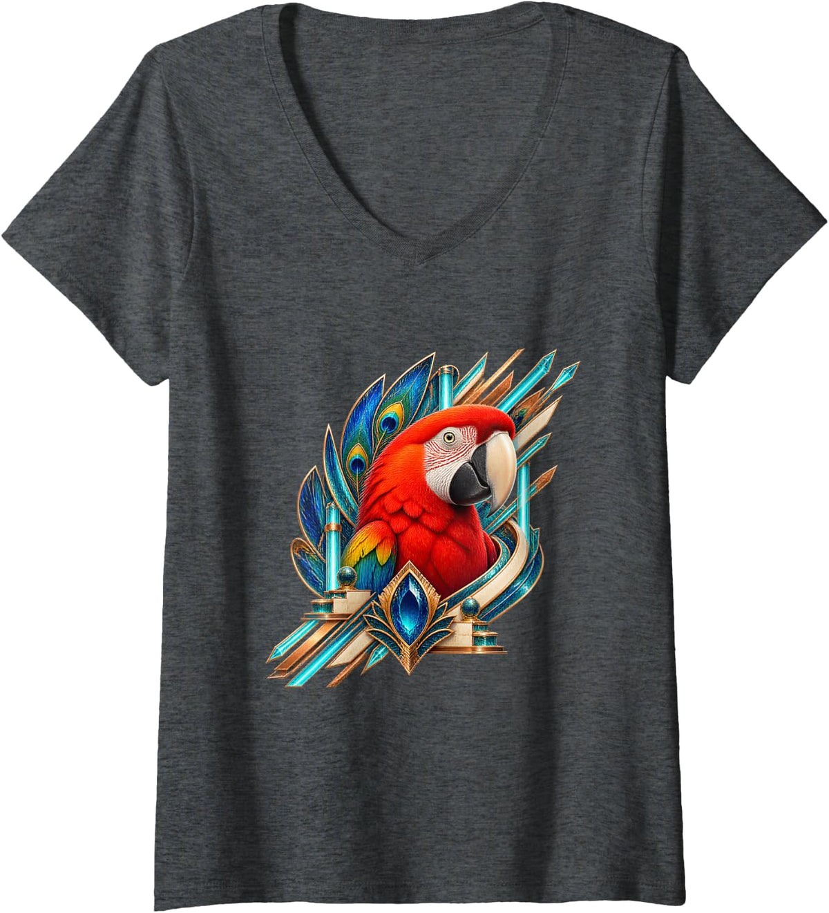 Women's Scarlet Macaw with Turquoise Feather Fans V-Neck T-Shirt - Dark Heather Grey
